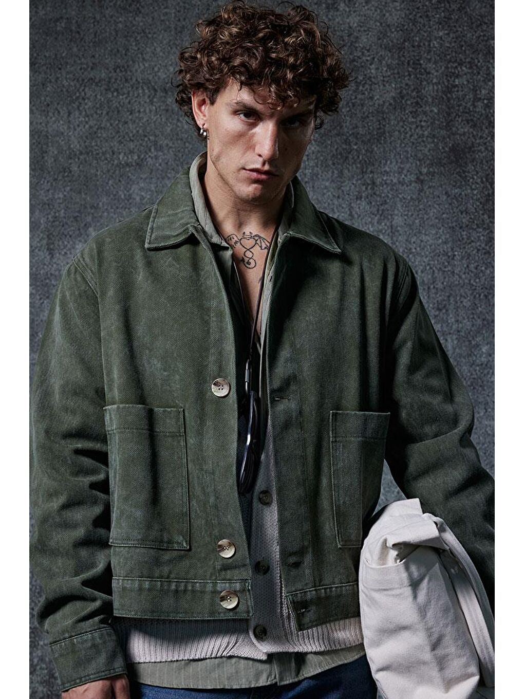 Erkek Boxy Fit Düğmeli Cepli Ceket Haki Yeşil