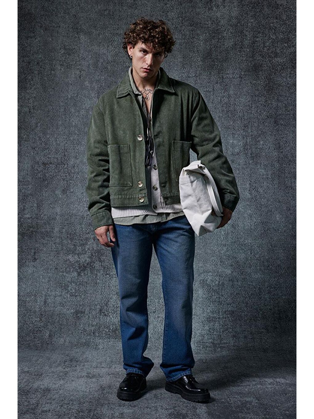 Erkek Boxy Fit Düğmeli Cepli Ceket Haki Yeşil-1