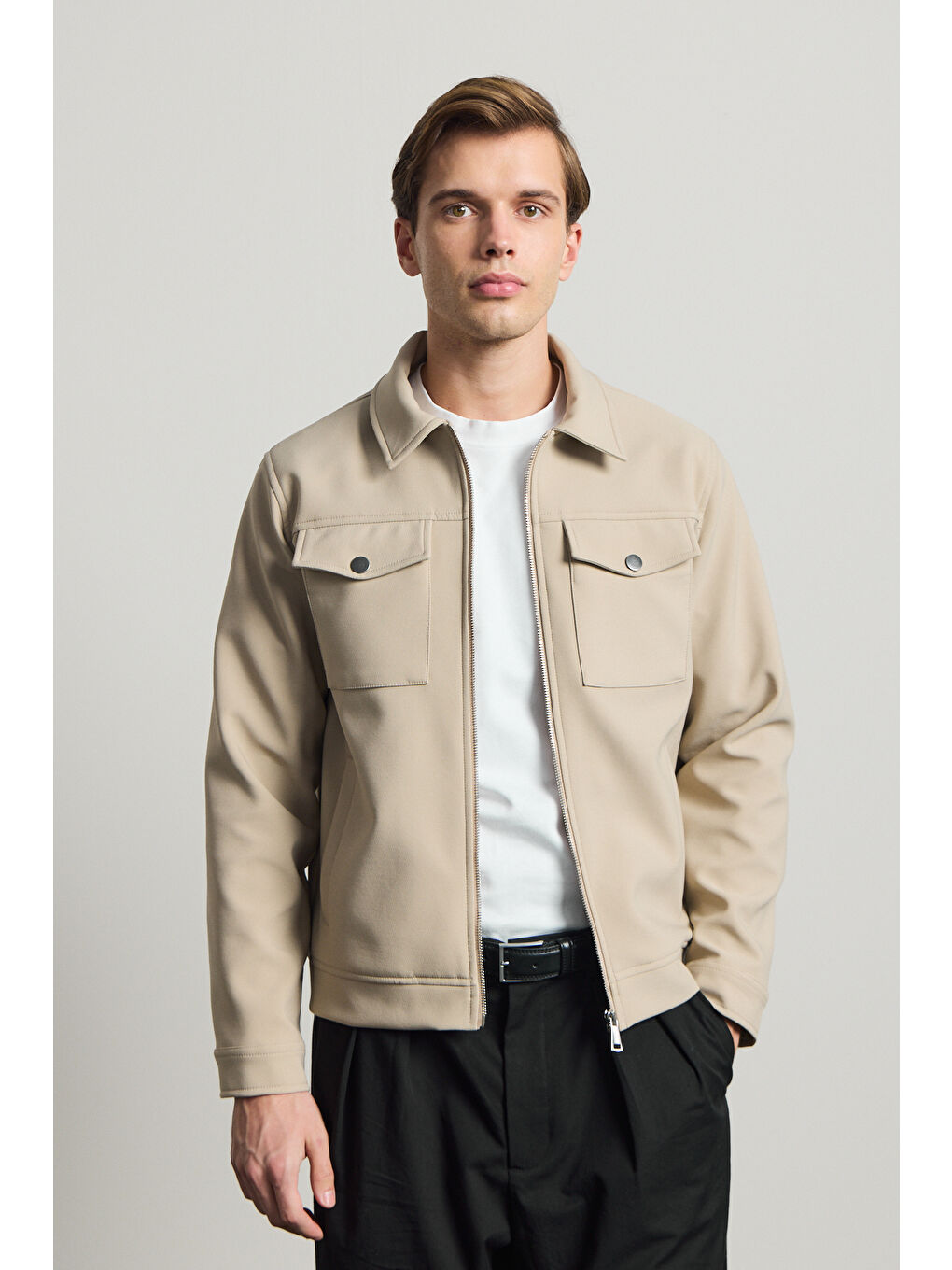 Erkek Standart Kalıp Gömlek Yaka Ceket Bej-5