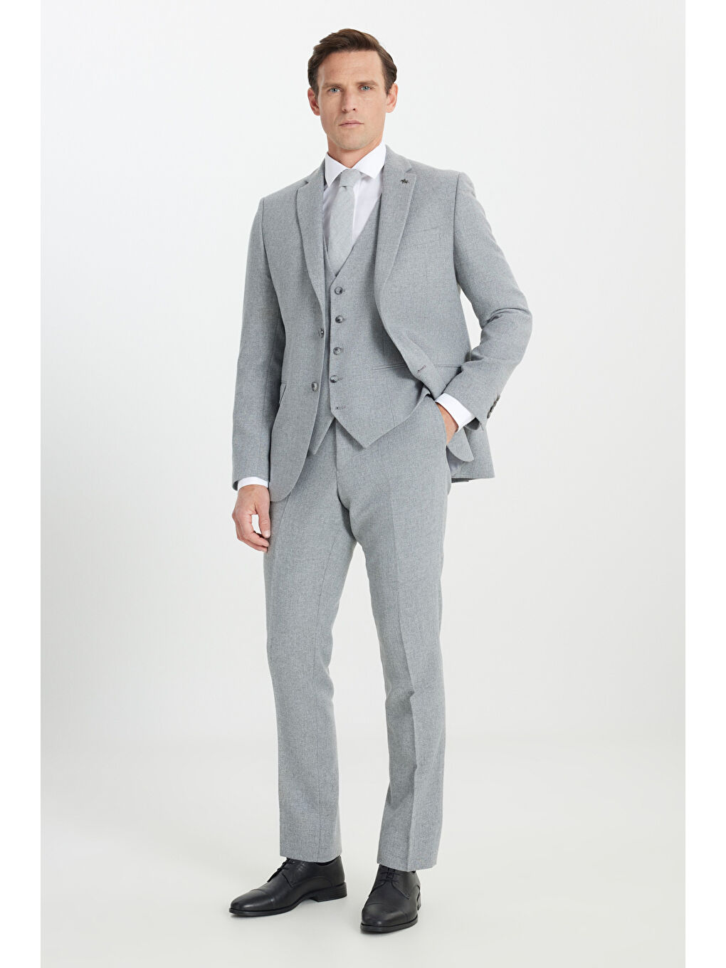 Erkek Gri Yünlü Slim Fit Dar Kesim Mono Yaka Diagonal Desenli Kapak Cepli Yelekli Takım Elbise-3