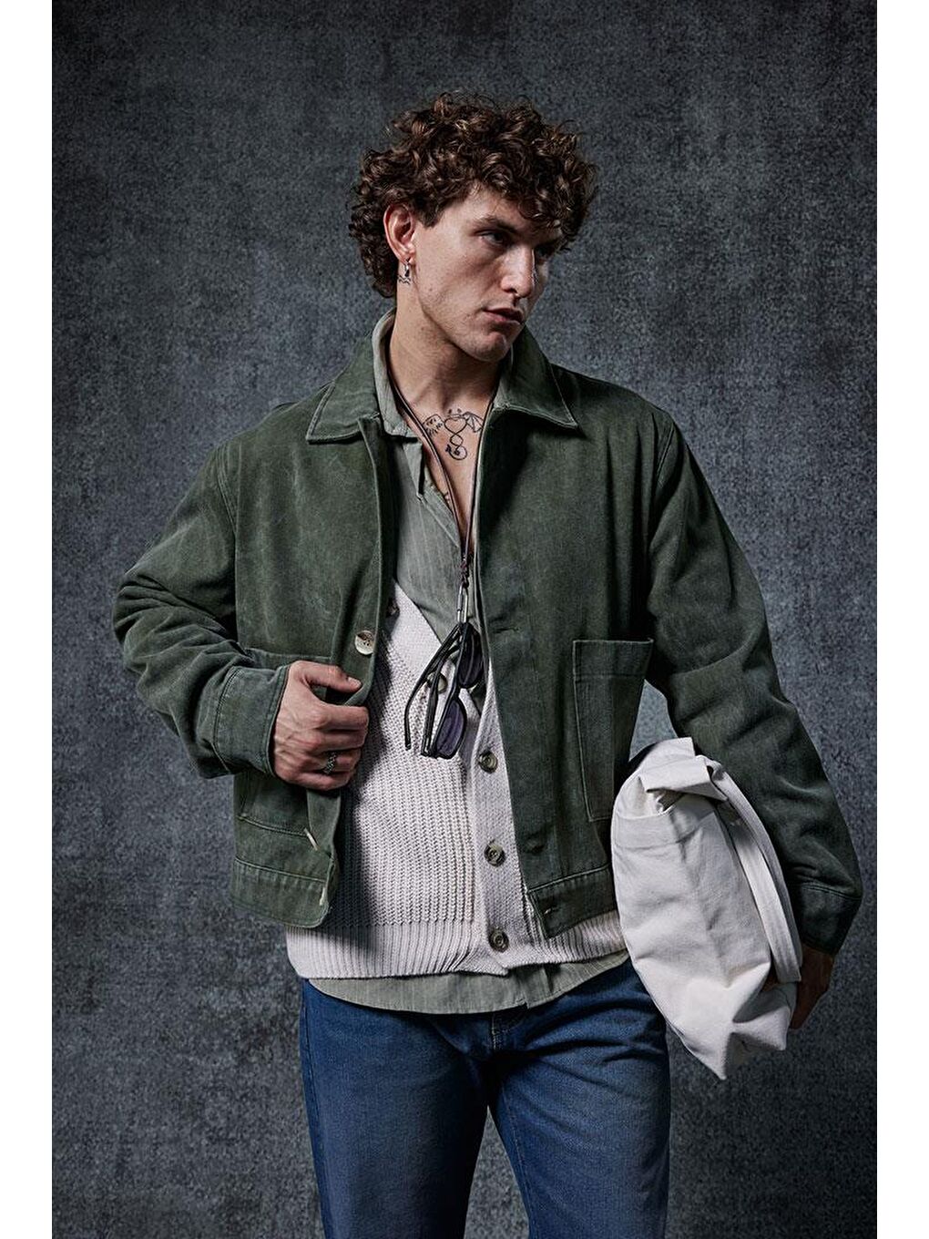 Erkek Boxy Fit Düğmeli Cepli Ceket Haki Yeşil-2