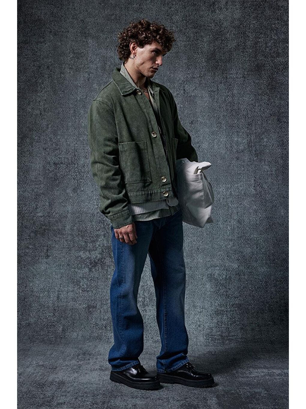 Erkek Boxy Fit Düğmeli Cepli Ceket Haki Yeşil-3