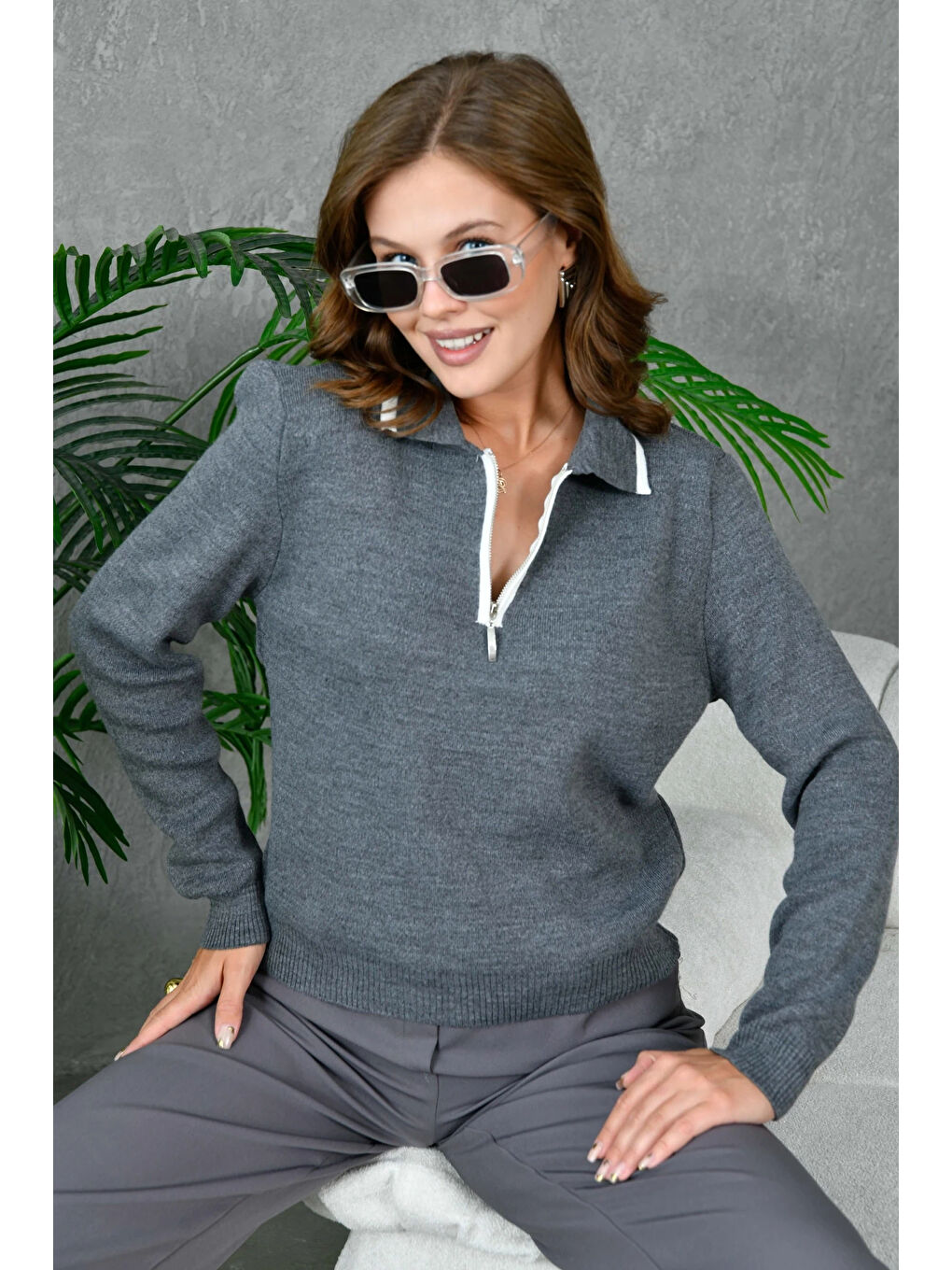 Antrasit Kadın Polo Yaka Yarım Pat Fermuar Kapama Basic Triko Kazak-3
