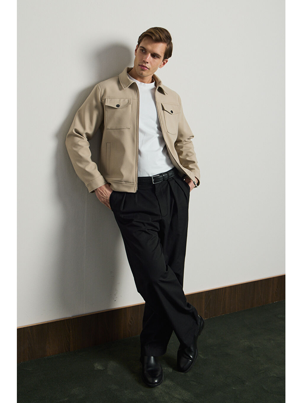 Erkek Standart Kalıp Gömlek Yaka Ceket Bej-6