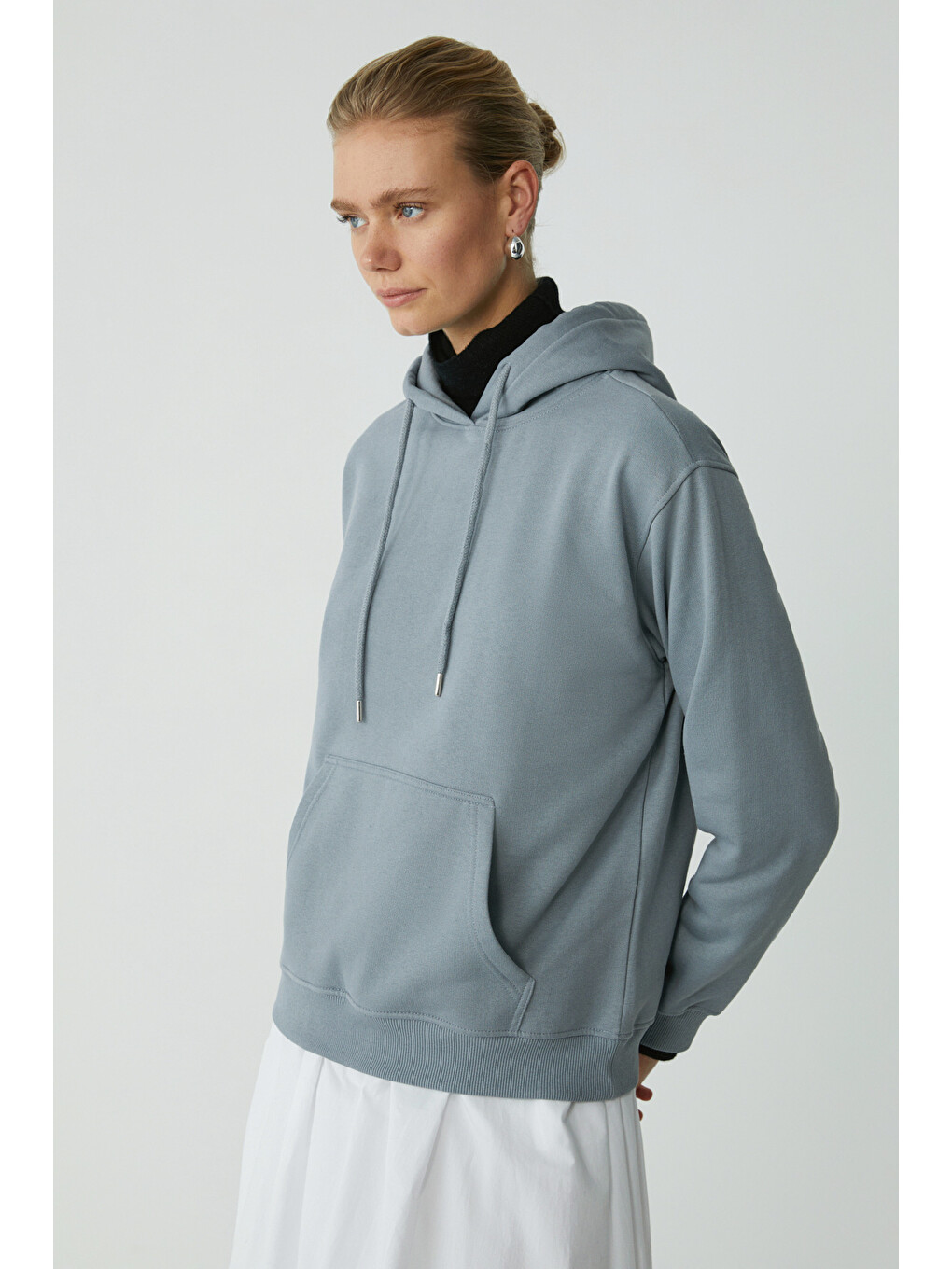 Abelıa Kadın Pamuklu Içi Polarlı Yumuşacık Kalın Kumaşlı Kapüşonlu Örme Comfort Mavi Sweatshirt-3