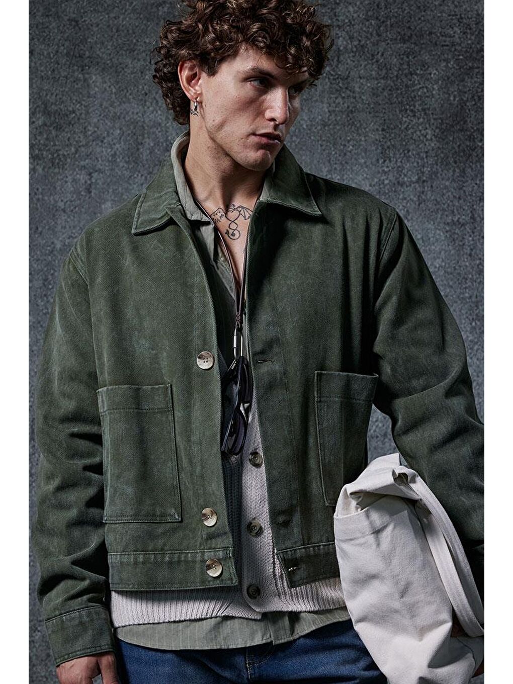 Erkek Boxy Fit Düğmeli Cepli Ceket Haki Yeşil-4