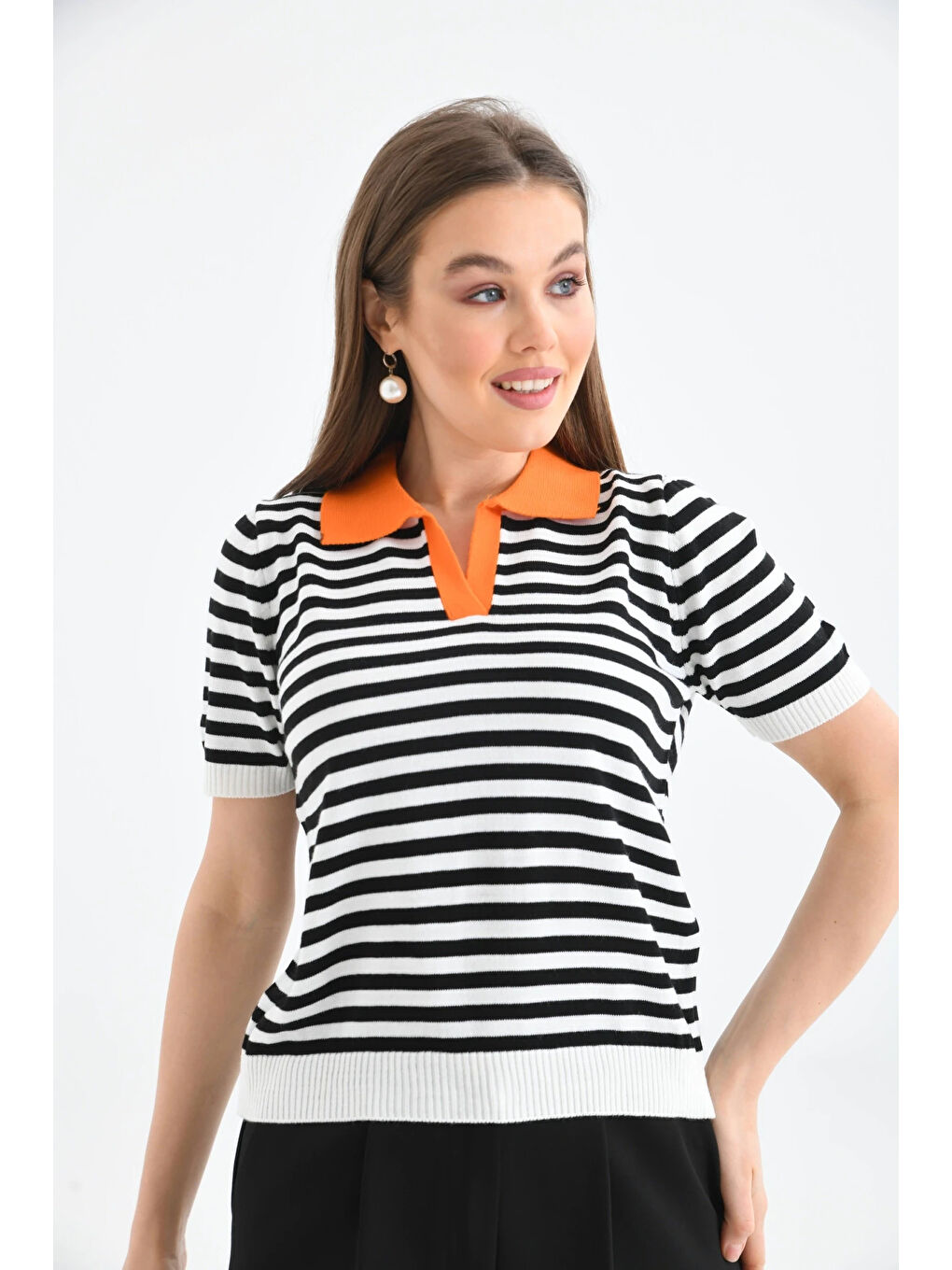 Turuncu Kadın Polo Yaka Çizgili Triko Kazak