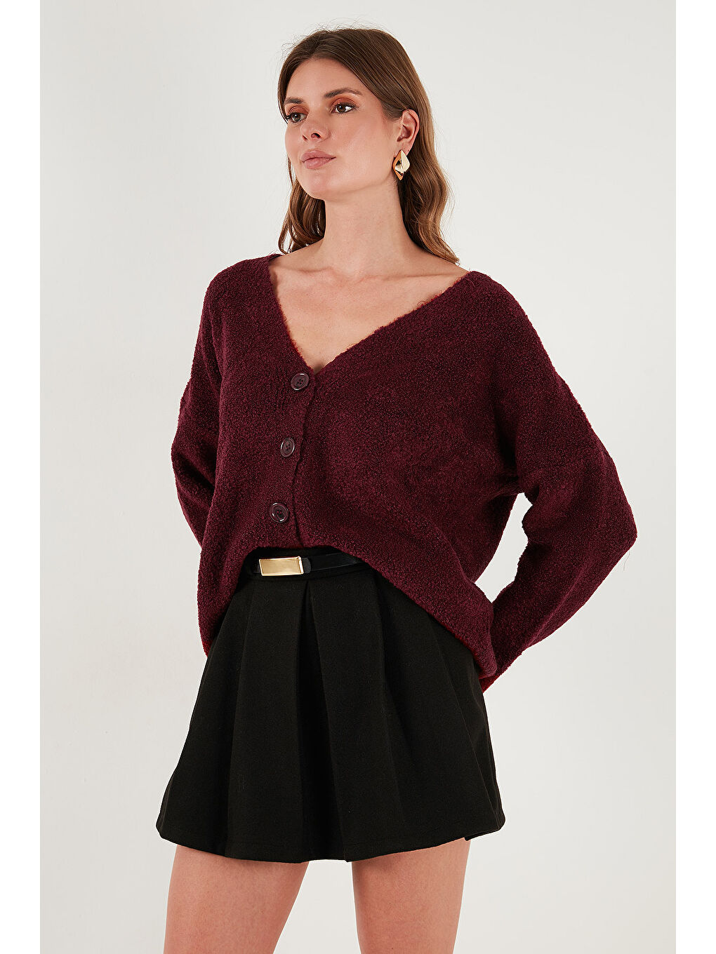Bordo Oversize Fit Düğmeli V Yaka Uzun Kollu Kadın Triko Hırka 4616232-3