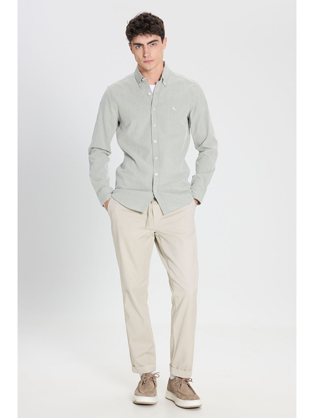 Erkek Haki-Beyaz %100 Pamuk Slim Fit Dar Kesim Düğmeli Yaka Çizgili Gömlek-1