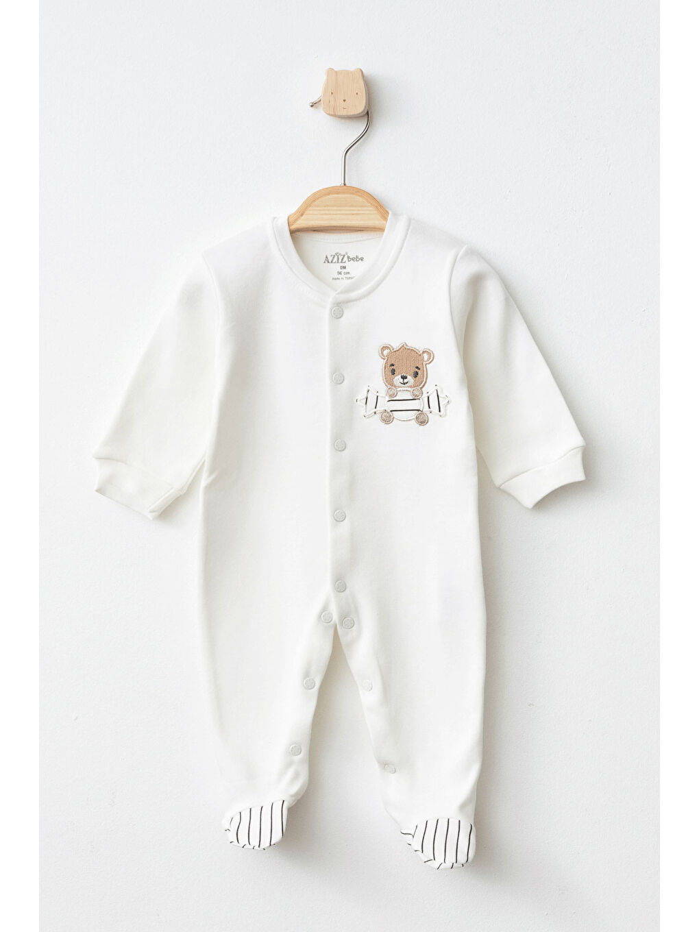 AZİZ BEBE Ekru Erkek Bebek Çıtçıtlı Ayı Nakışlı Patikli Tulum 0 Ay - 6 Ay