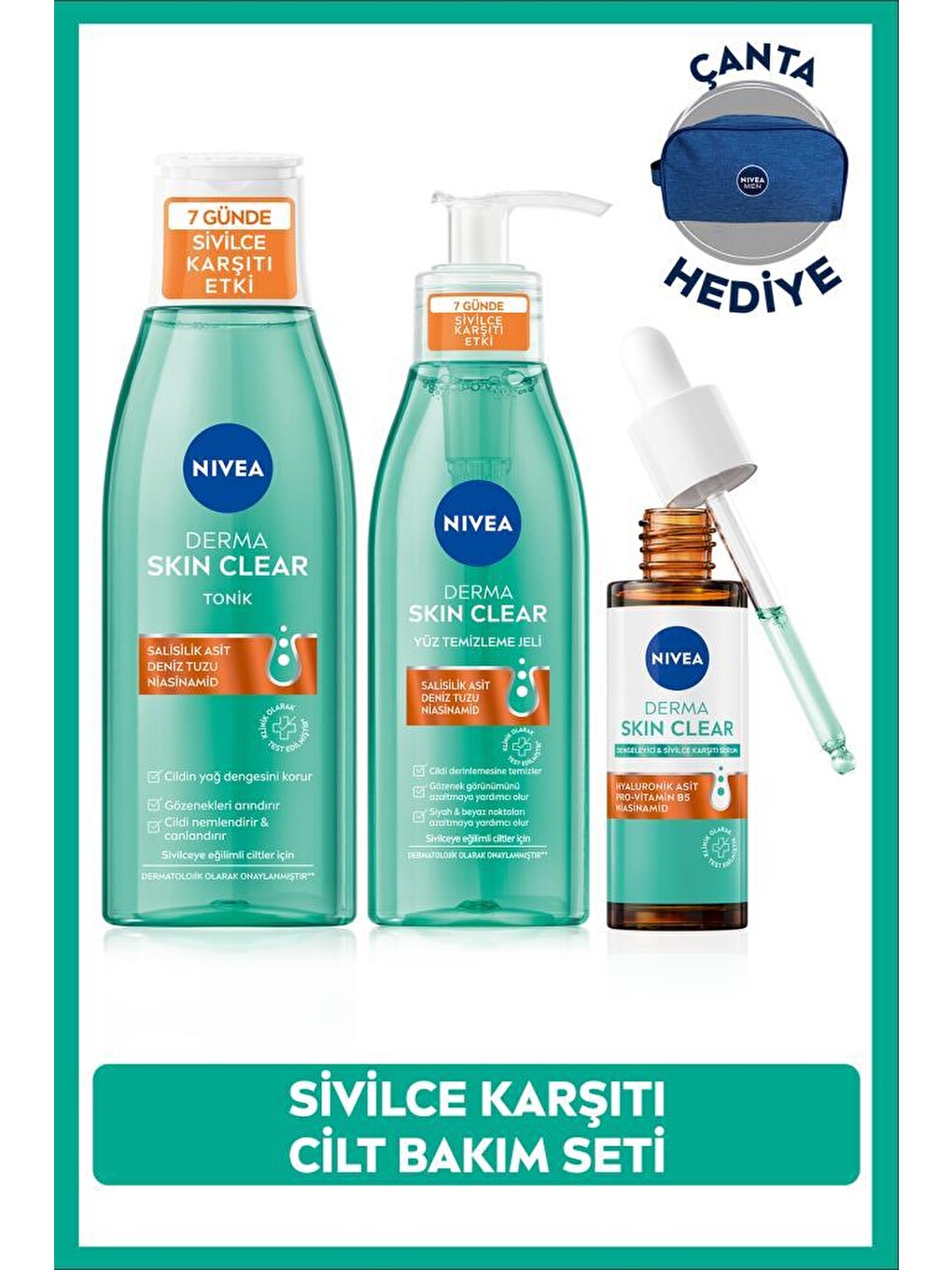 Sivilce Karşıtı Derma Skin Clear Yüz Temizleme Jeli 150ml, Tonik 200ml, Serum 30ml, Çanta Hediye