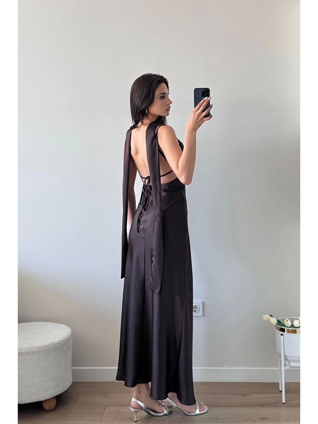 Kahverengi Kadın Kahve Askılı Uzun Elbise 1041-3263-1