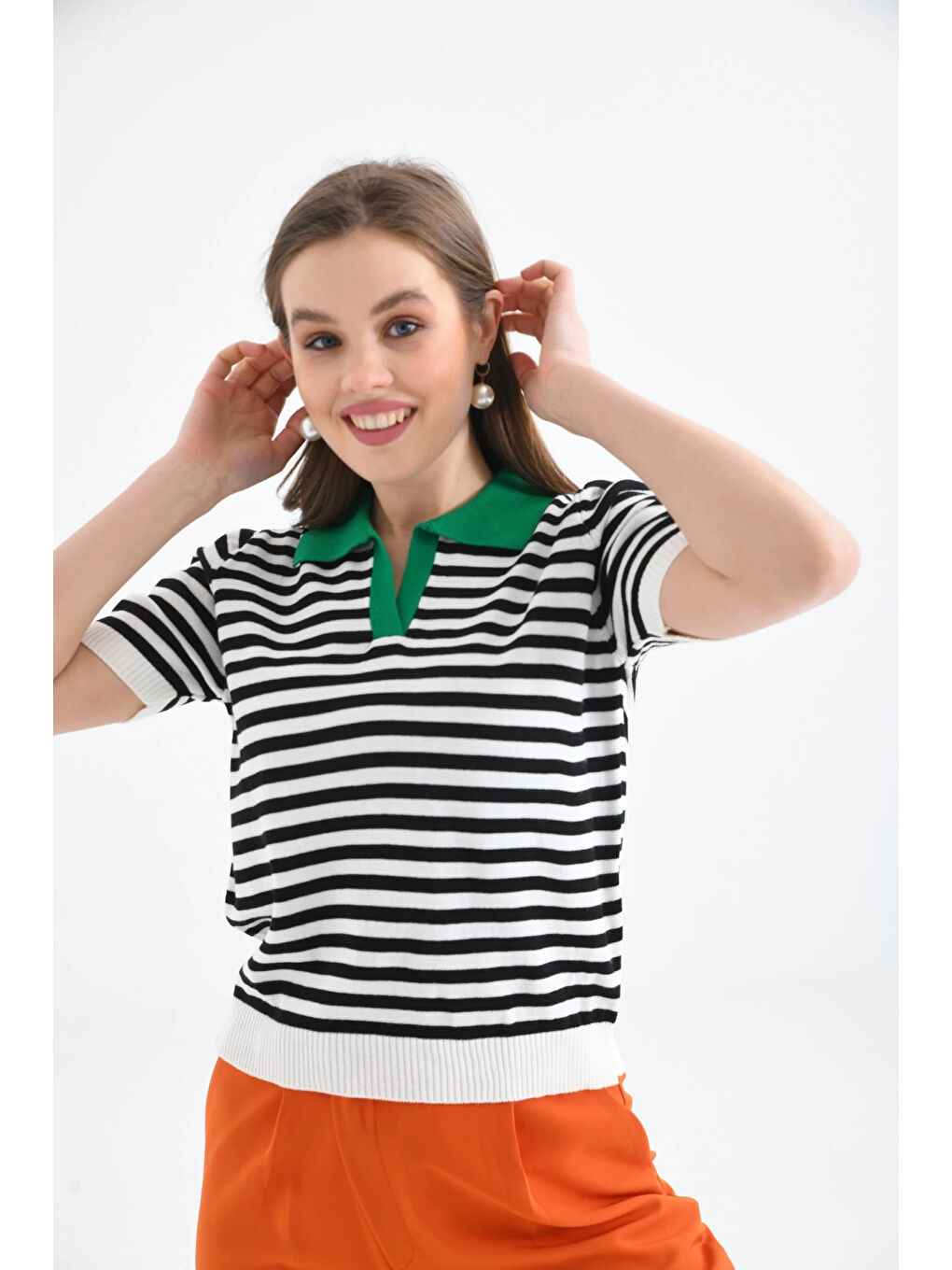 Yeşil Kadın Polo Yaka Çizgili Triko Kazak-1