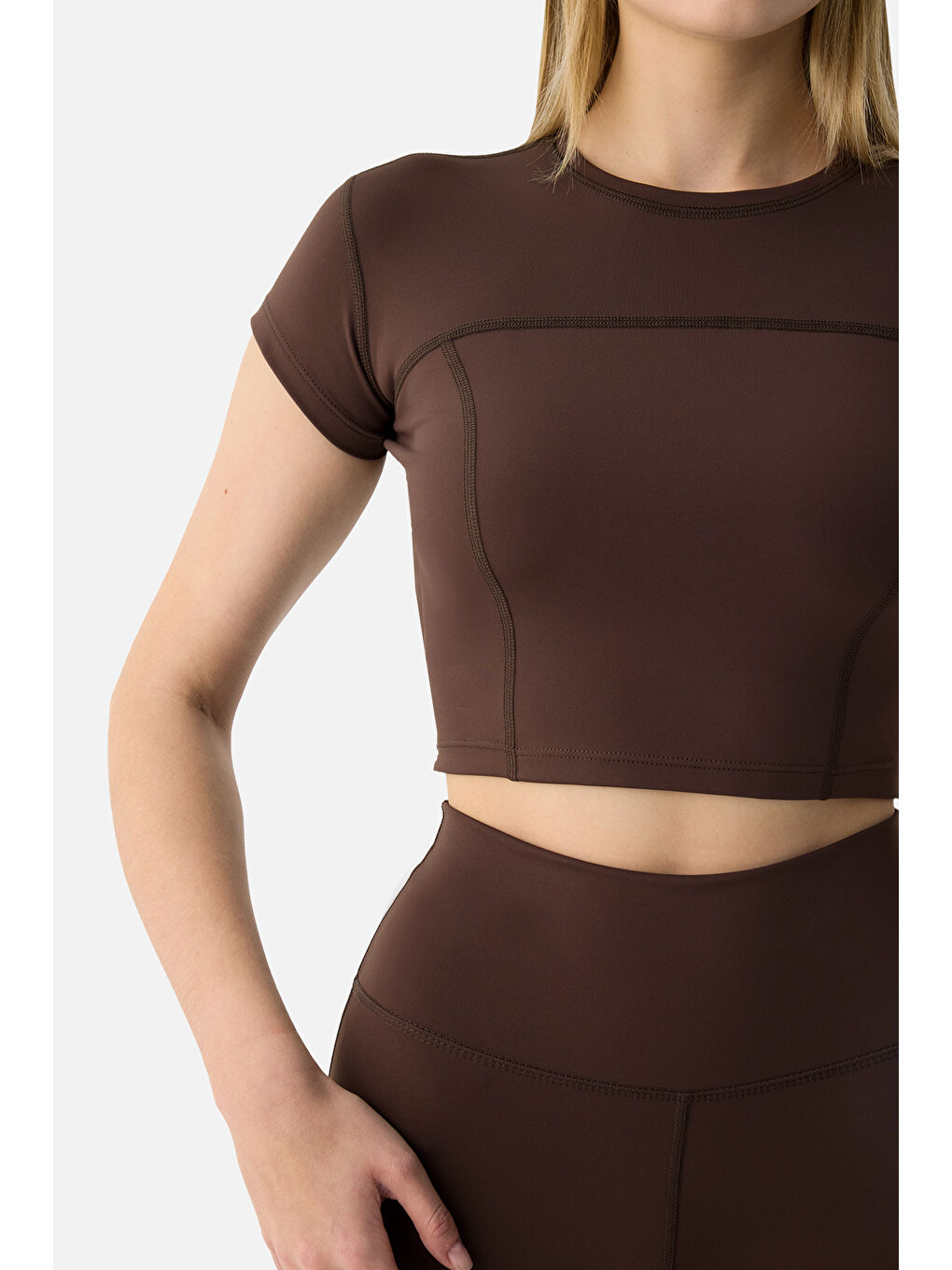 Kahverengi Liora Yumuşak Kumaş Acı Kahve Crop Top-3