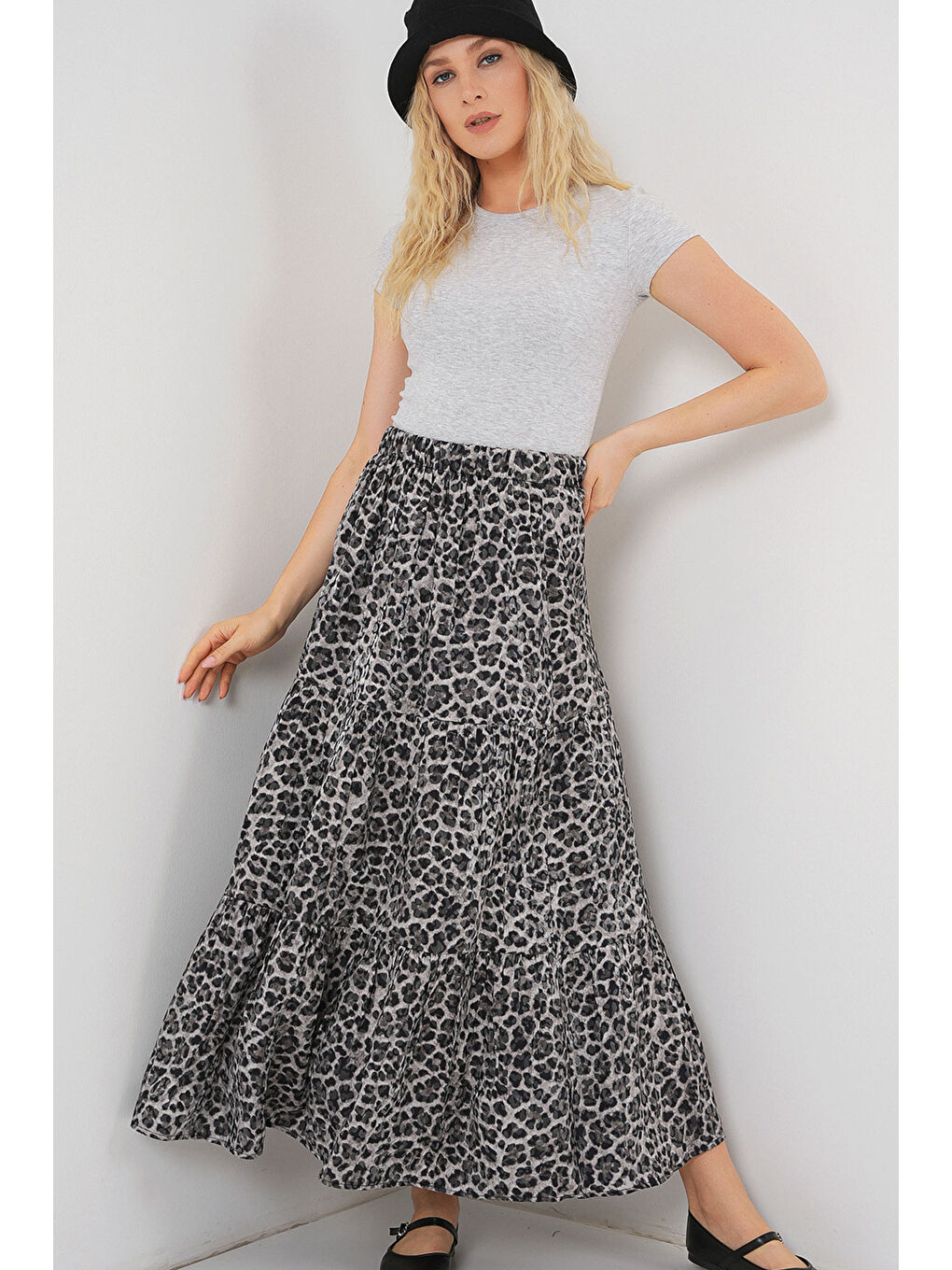 Kadın Desenli Uzun Etek 8053 - Antrasit