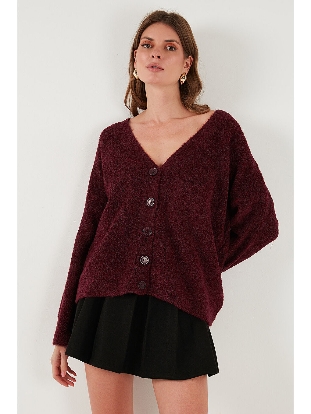 Bordo Oversize Fit Düğmeli V Yaka Uzun Kollu Kadın Triko Hırka 4616232-4