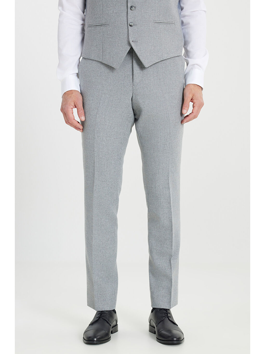 Erkek Gri Yünlü Slim Fit Dar Kesim Mono Yaka Diagonal Desenli Kapak Cepli Yelekli Takım Elbise-4