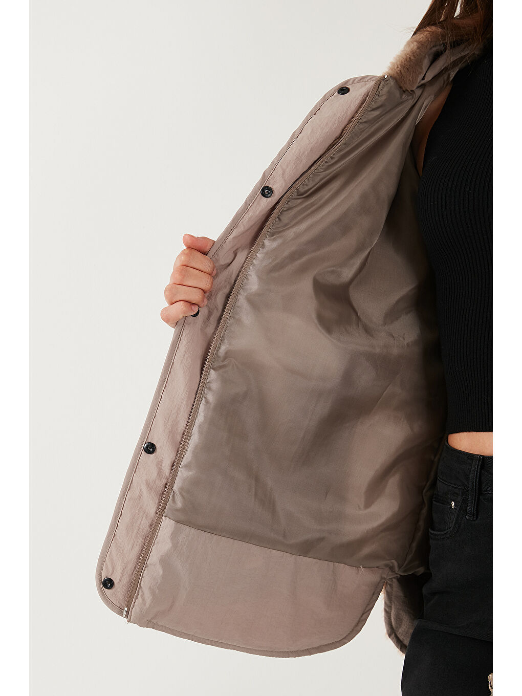 Bej Comfort Fit Kapüşonlu Yumuşak Dokulu Kadın Mont 497HOLLY-5