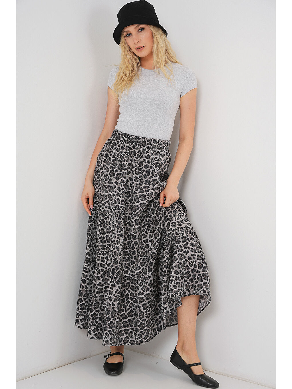 Kadın Desenli Uzun Etek 8053 - Antrasit-2