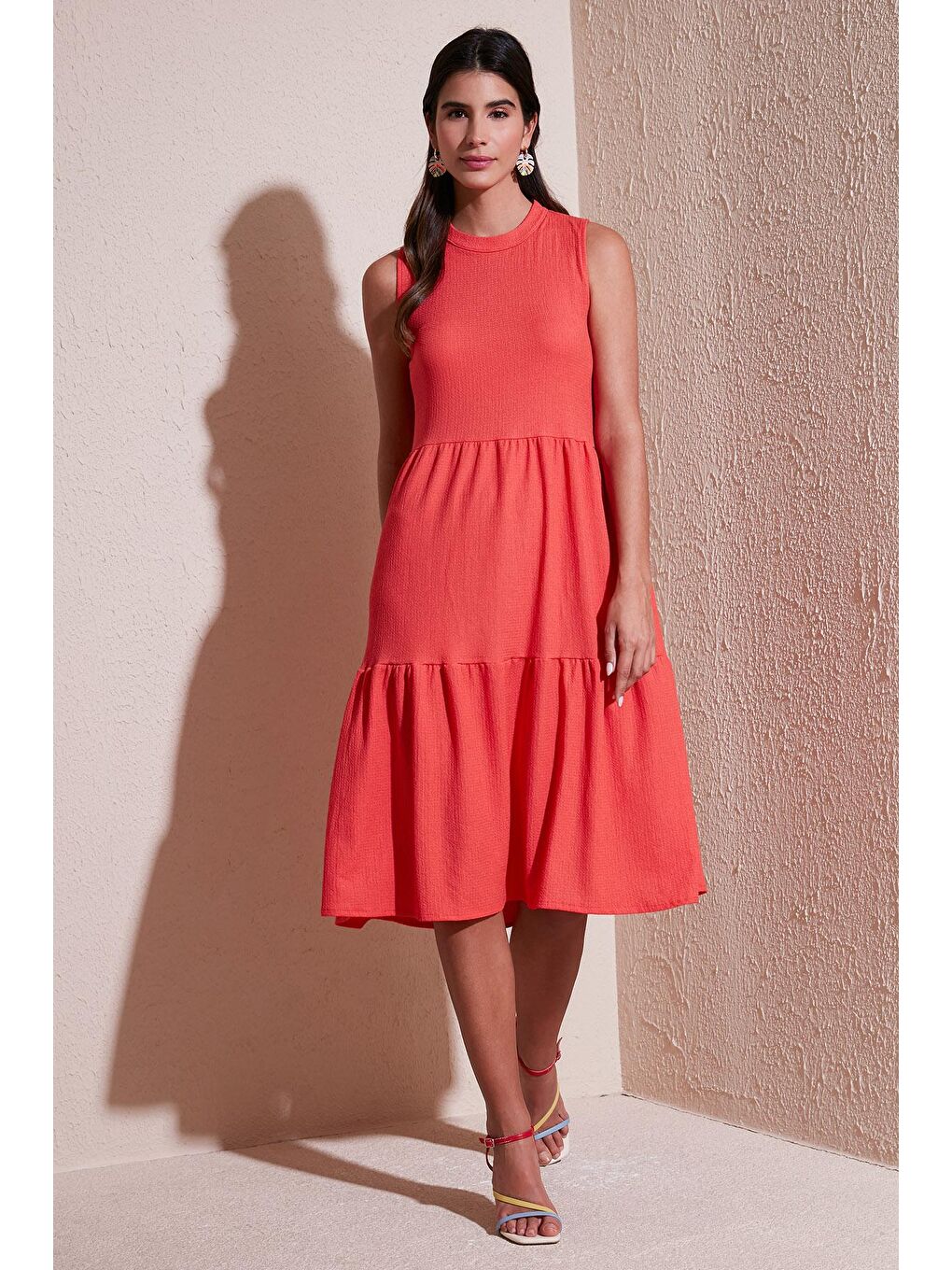 Turuncu Regular Fit Kolsuz Midi Kadın Elbise 5865658-1