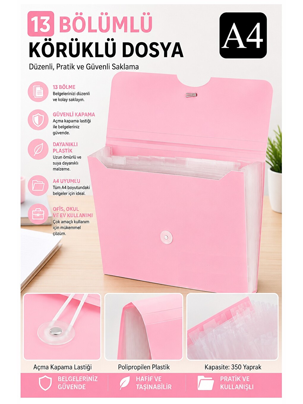Körüklü Dosya 13 Bölmeli Pastel Renkler 1 Adet A4 Akardiyon Dosya Düzenleyici 13 Cepli Lastikli Dosy