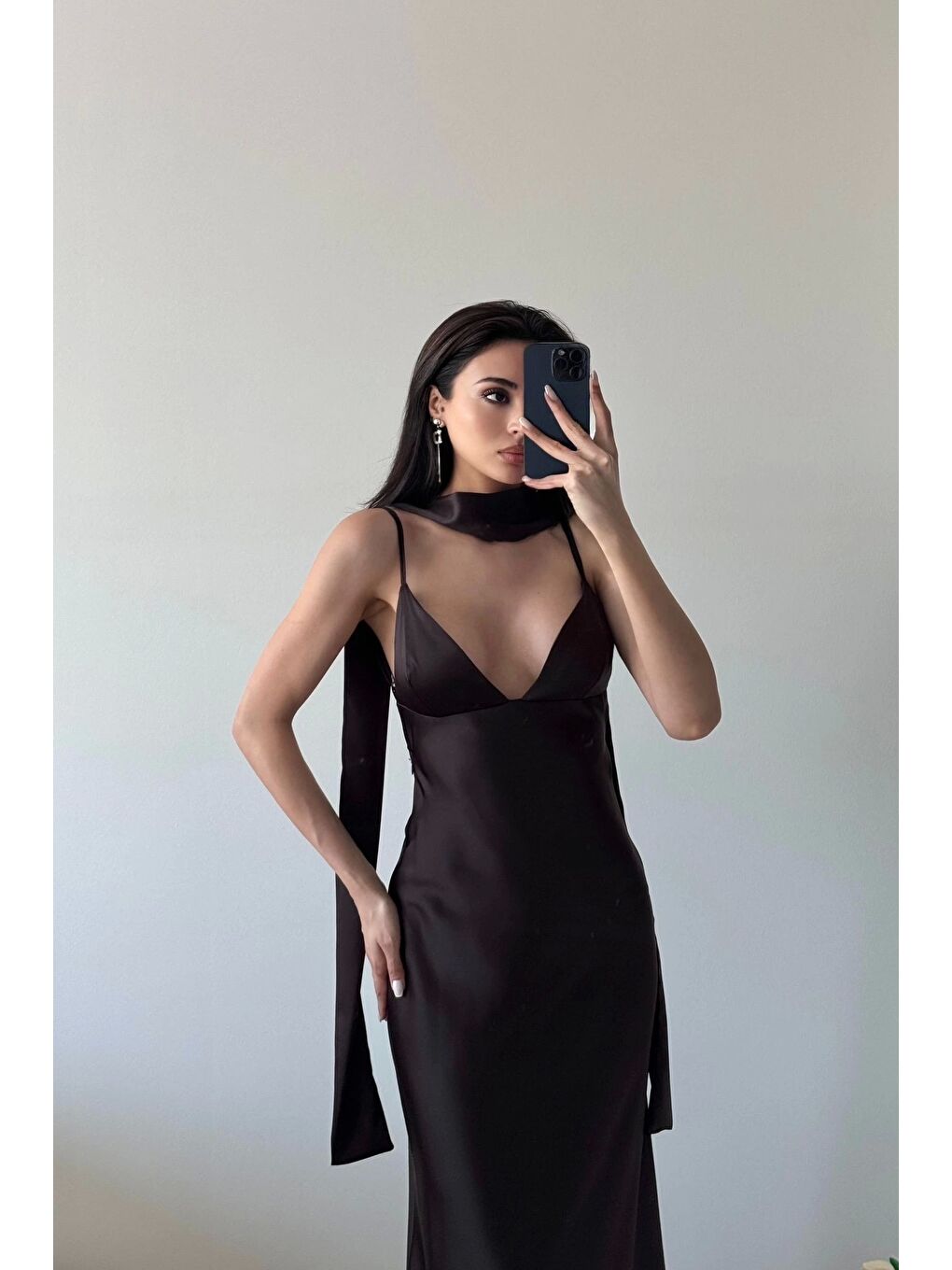 Kahverengi Kadın Kahve Askılı Uzun Elbise 1041-3263-2