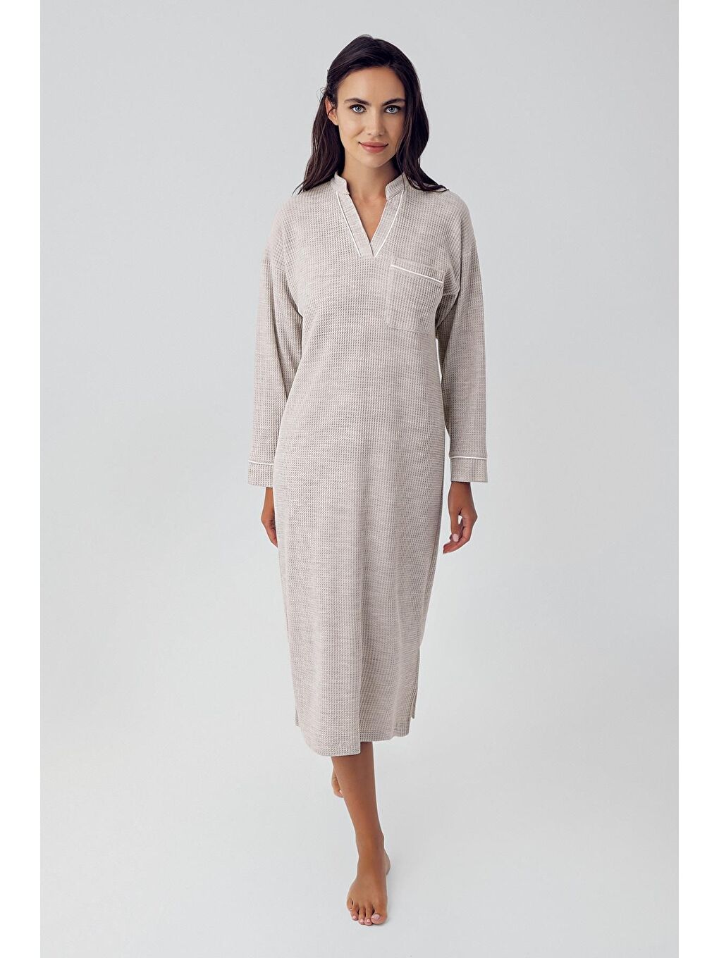Bej Uzun Kollu Yumuşak Dokulu Waffle Triko Elbise 15113
