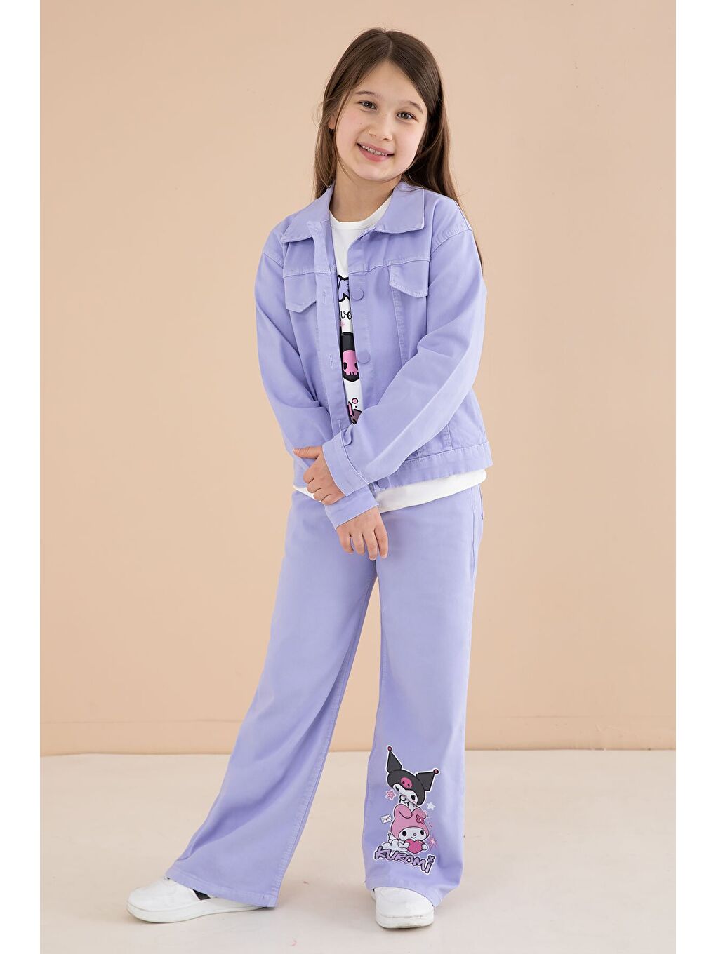 Lila Cep Detaylı Ceketli Baskılı Tişörtlü Kız Çocuk 3lü Pantolonlu Takım 23590
