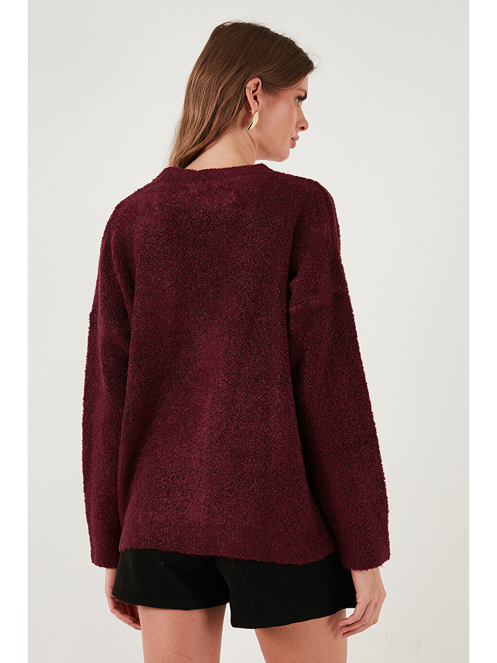 Bordo Oversize Fit Düğmeli V Yaka Uzun Kollu Kadın Triko Hırka 4616232-6