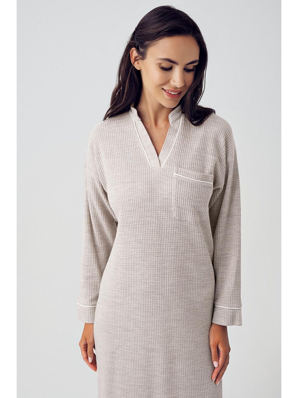 Bej Uzun Kollu Yumuşak Dokulu Waffle Triko Elbise 15113-1