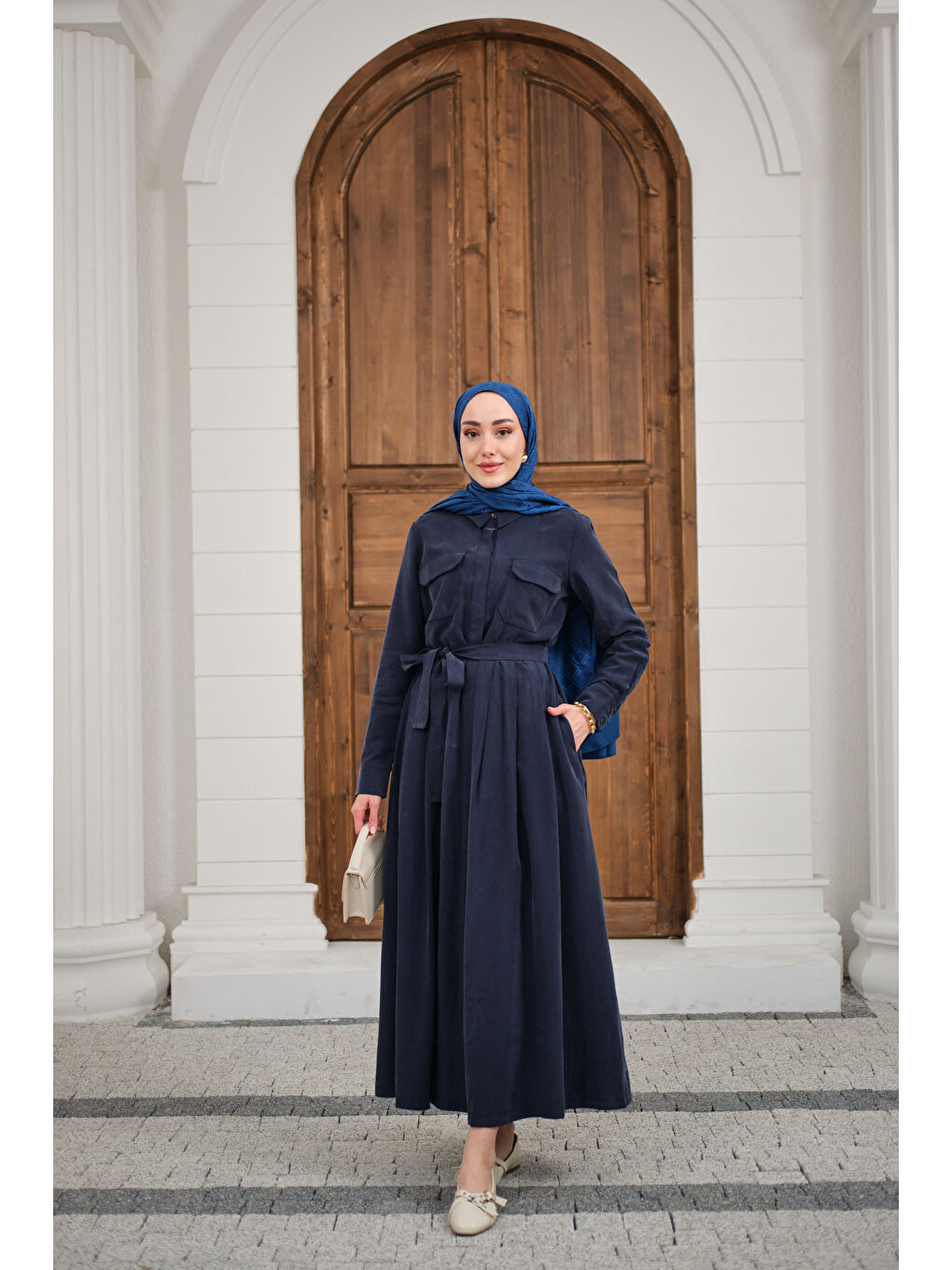 Kadın Beli Kuşak Detay Gömlek Elbise Lacivert-1