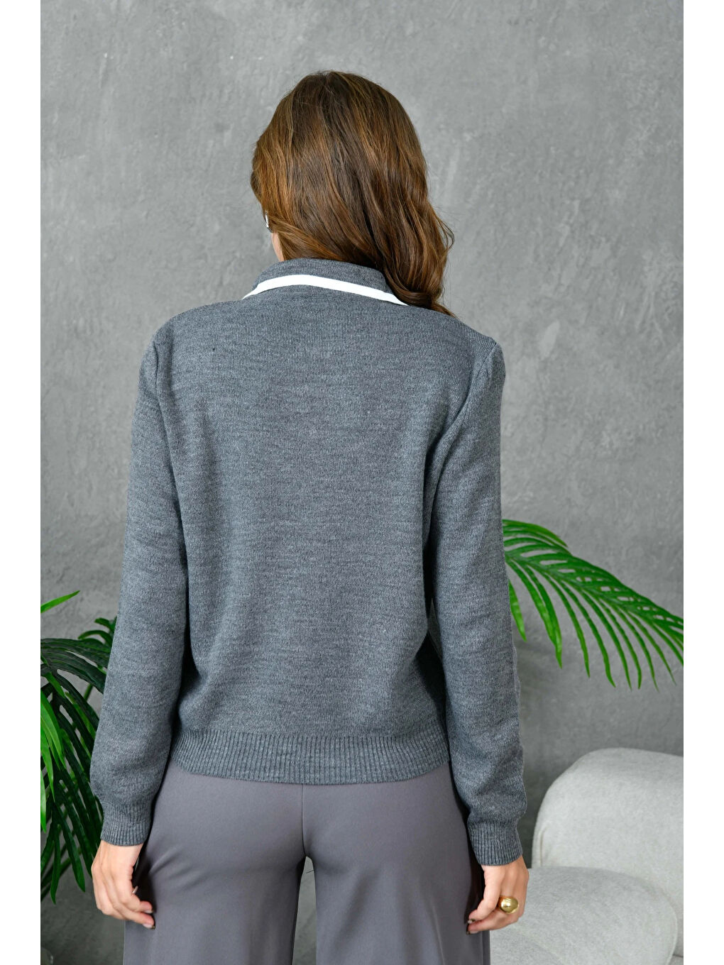 Antrasit Kadın Polo Yaka Yarım Pat Fermuar Kapama Basic Triko Kazak-4
