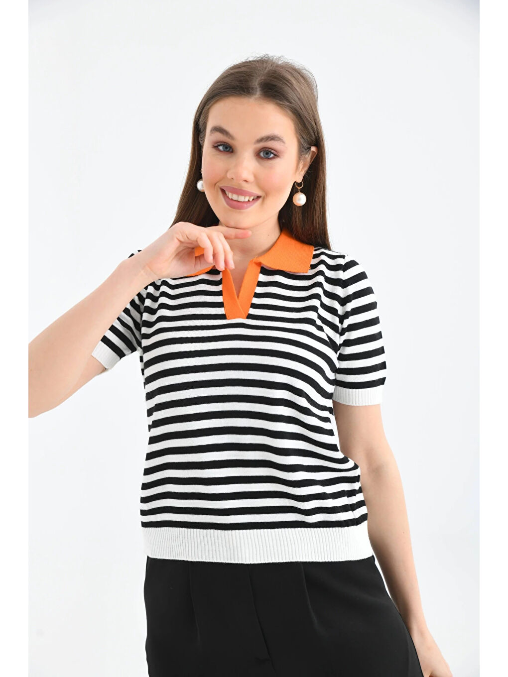 Turuncu Kadın Polo Yaka Çizgili Triko Kazak-1
