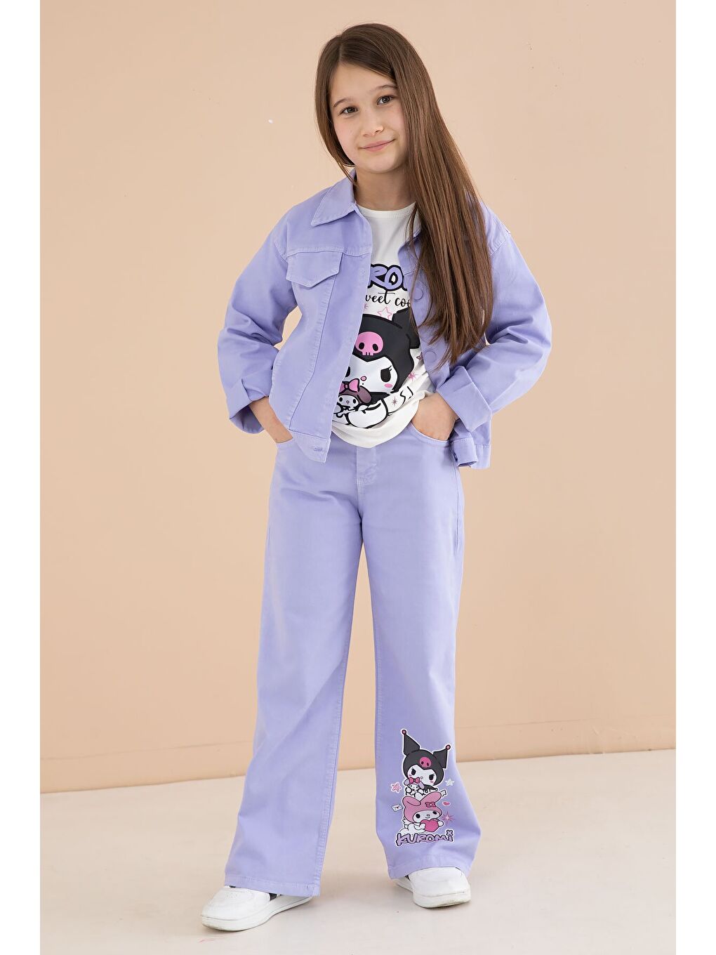 Lila Cep Detaylı Ceketli Baskılı Tişörtlü Kız Çocuk 3lü Pantolonlu Takım 23590-2