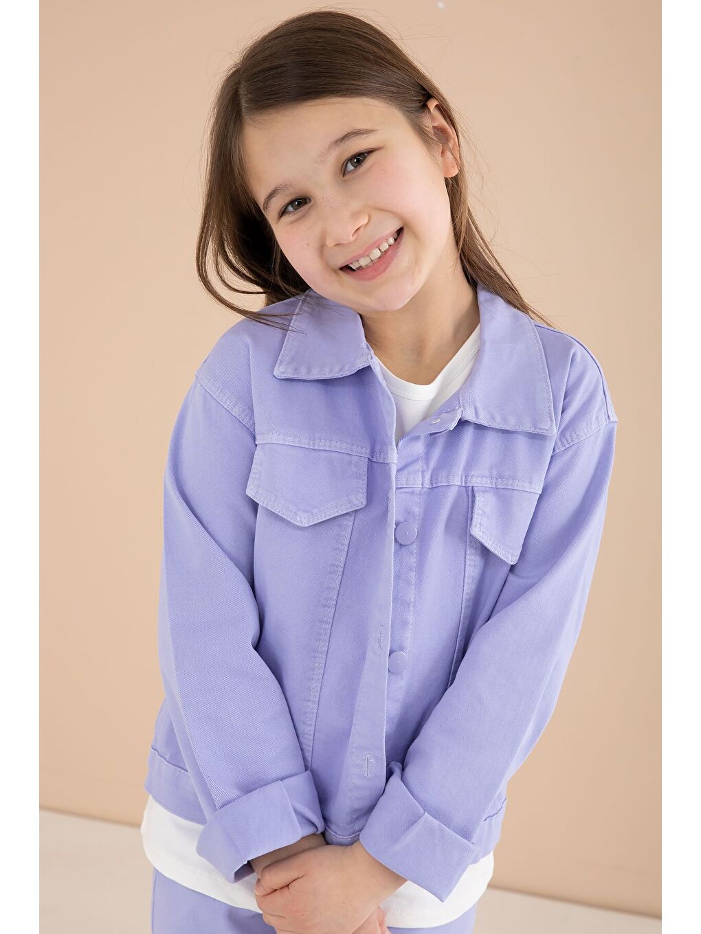 Lila Cep Detaylı Ceketli Baskılı Tişörtlü Kız Çocuk 3lü Pantolonlu Takım 23590-3