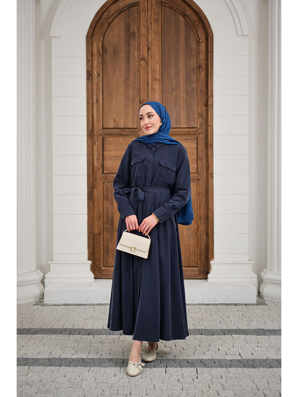 Kadın Beli Kuşak Detay Gömlek Elbise Lacivert-2