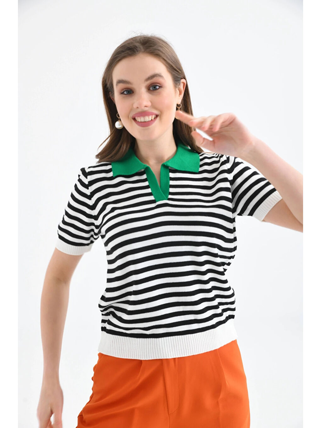 Yeşil Kadın Polo Yaka Çizgili Triko Kazak-3