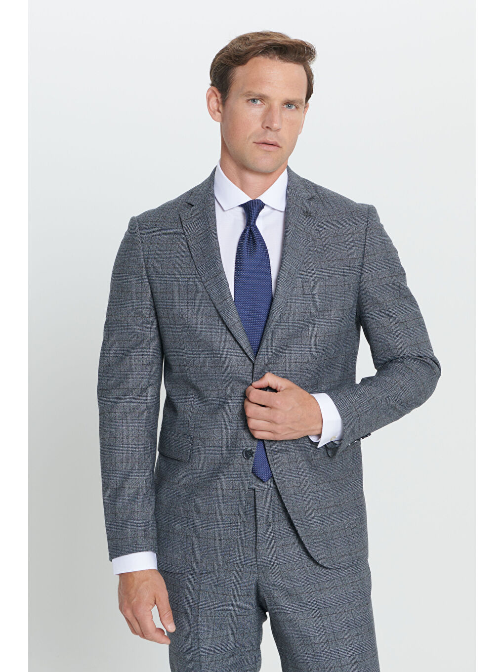 Erkek Gri-Mavi Slim Fit Dar Kesim Kareli Takım Elbise