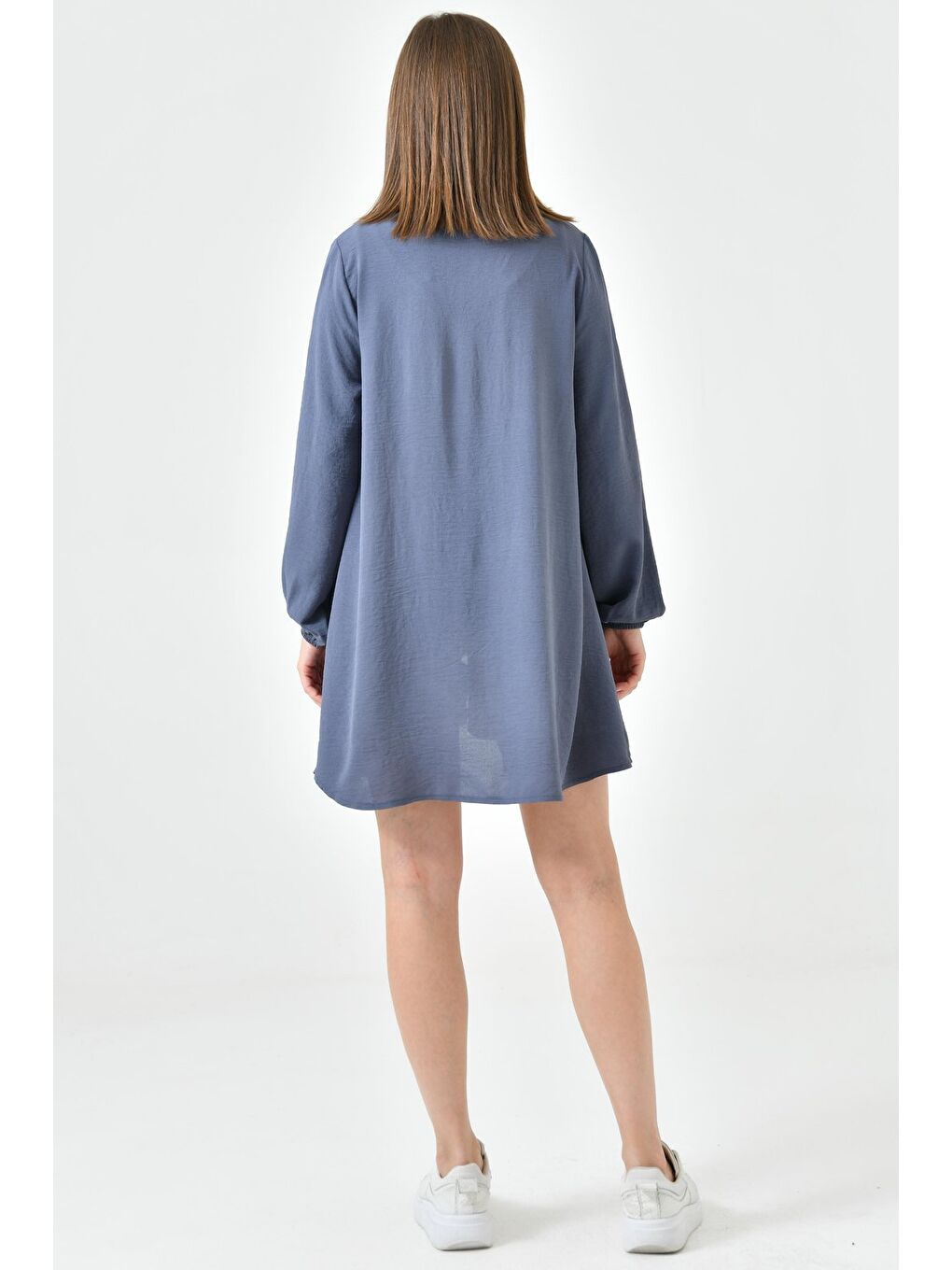 Antrasit Kadın Gömlek Yaka Ahşap Düğmeli Kolağzı Lastikli Aerobin Dokuma Tunik - Regular Fit-7