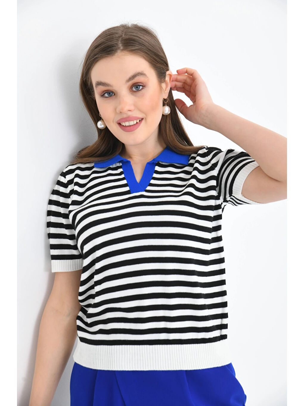 Mavi Kadın Polo Yaka Çizgili Triko Kazak-1