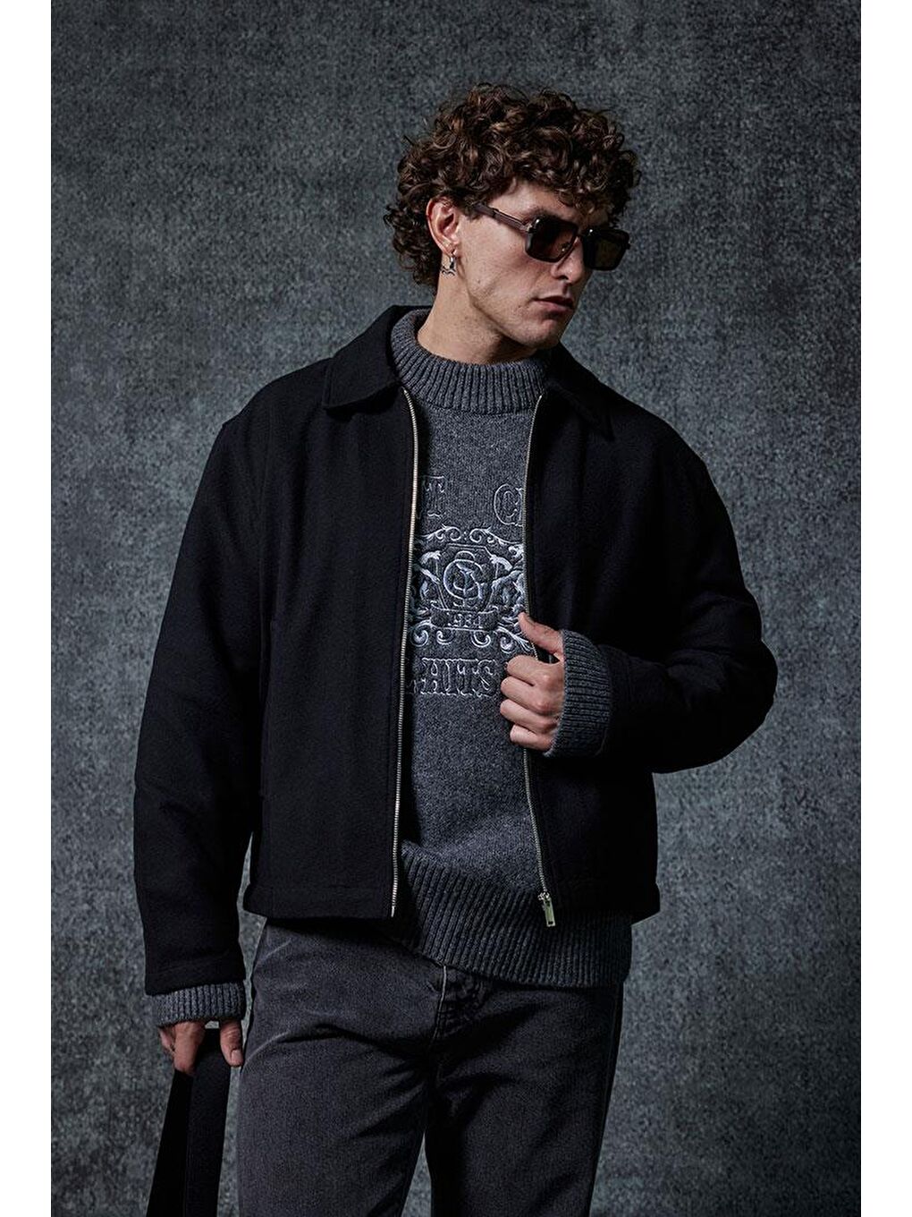 Erkek Oversize İnce Fermuarlı Ceket Siyah-1