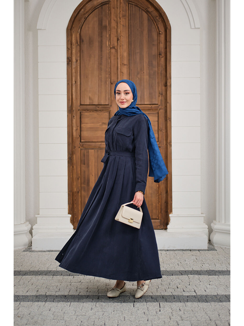 Kadın Beli Kuşak Detay Gömlek Elbise Lacivert-4