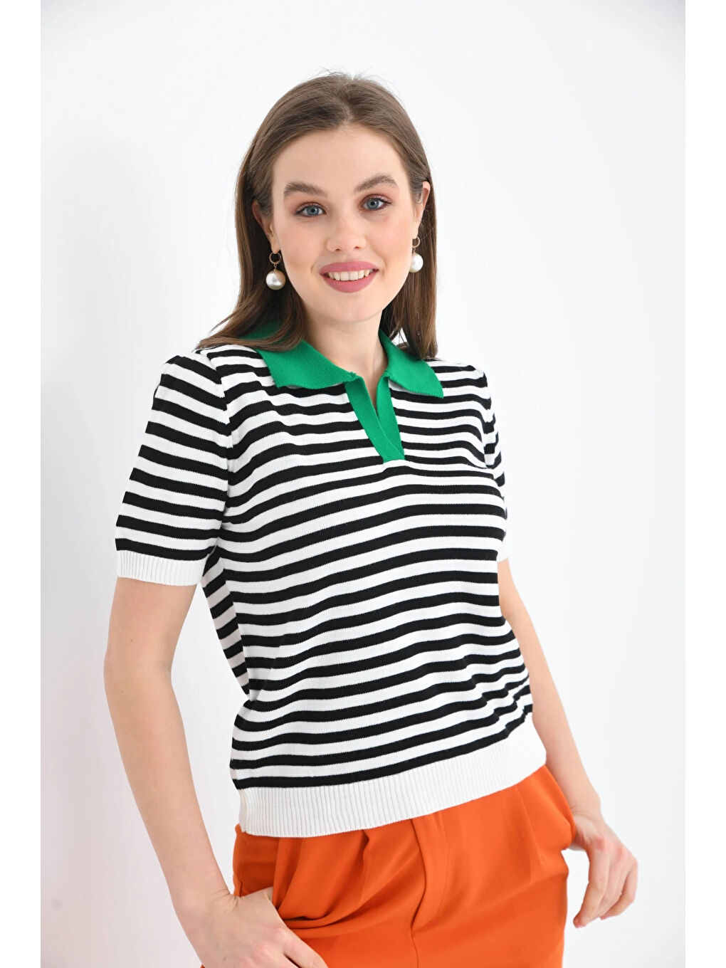Yeşil Kadın Polo Yaka Çizgili Triko Kazak-4