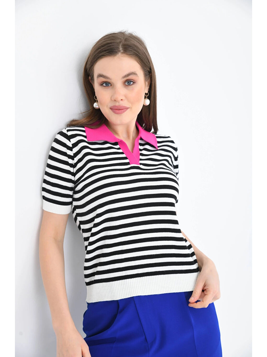 Fuşya Kadın Polo Yaka Çizgili Triko Kazak-1