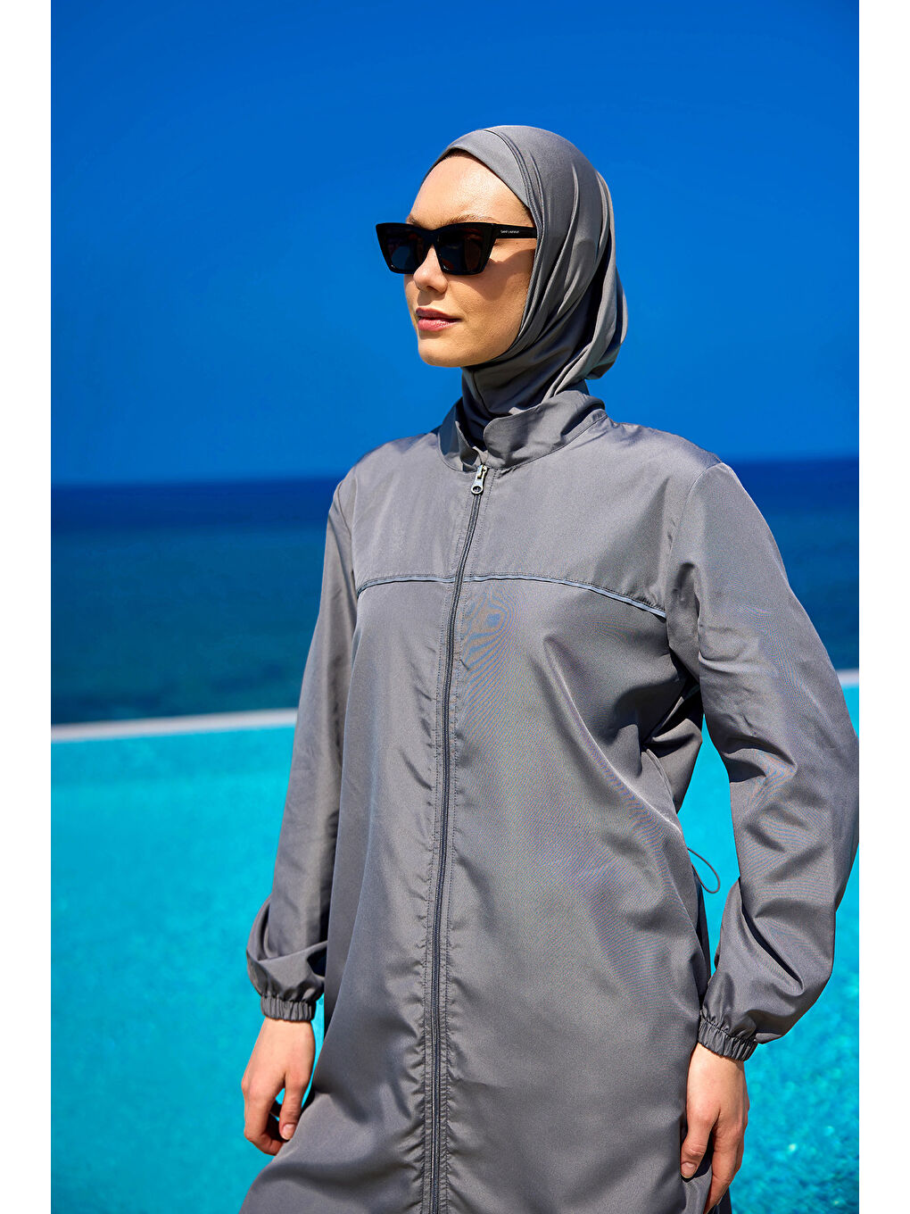 Gri Tam Kapalı Tesettür Mayo Takımı Su İtici Kumaş A2501-3-1