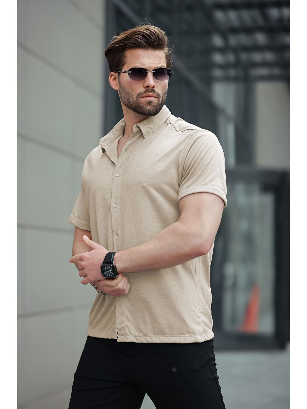 Bej Basic Kısa Kollu Erkek Gömlek E6760