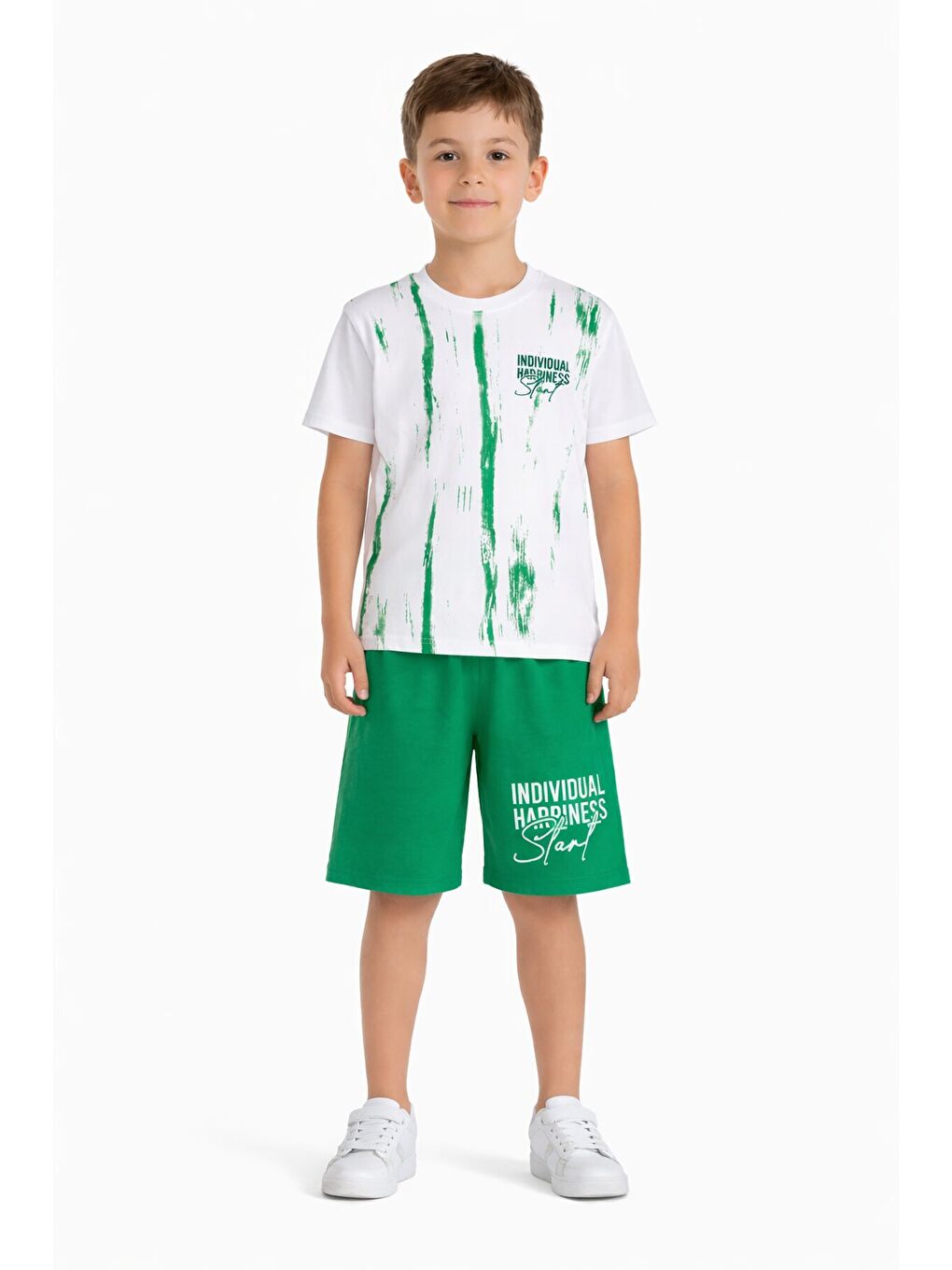 Yeşil Desenli Tişörtlü Erkek Çocuk Yazı Baskılı Şortlu Takım 23786-2