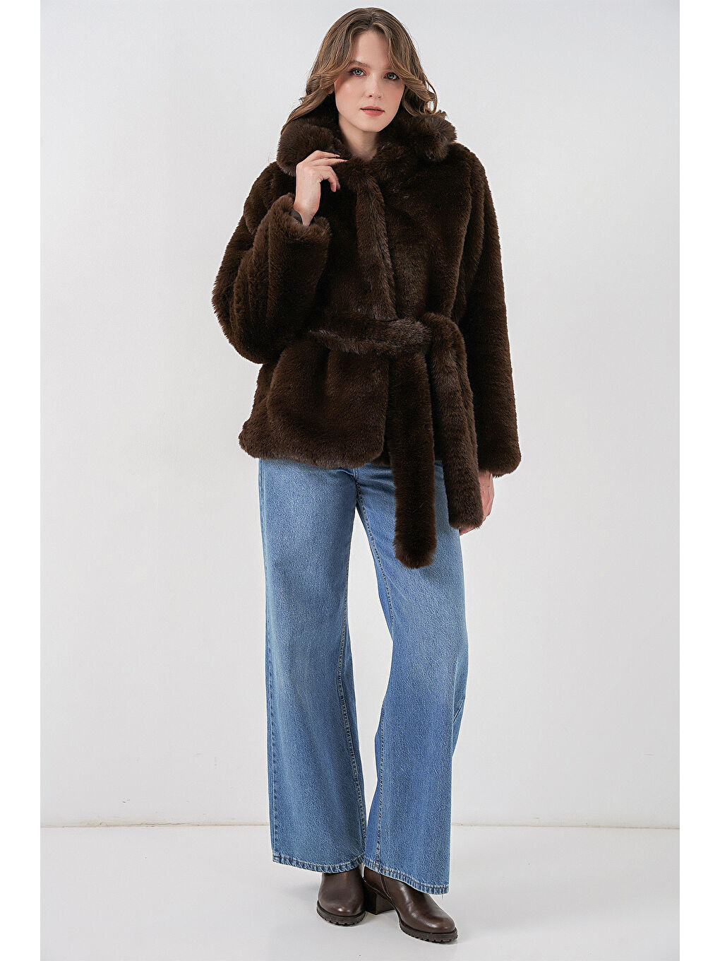 Kadın Pelüş Kürk Mont 5234 - Kahverengi-1
