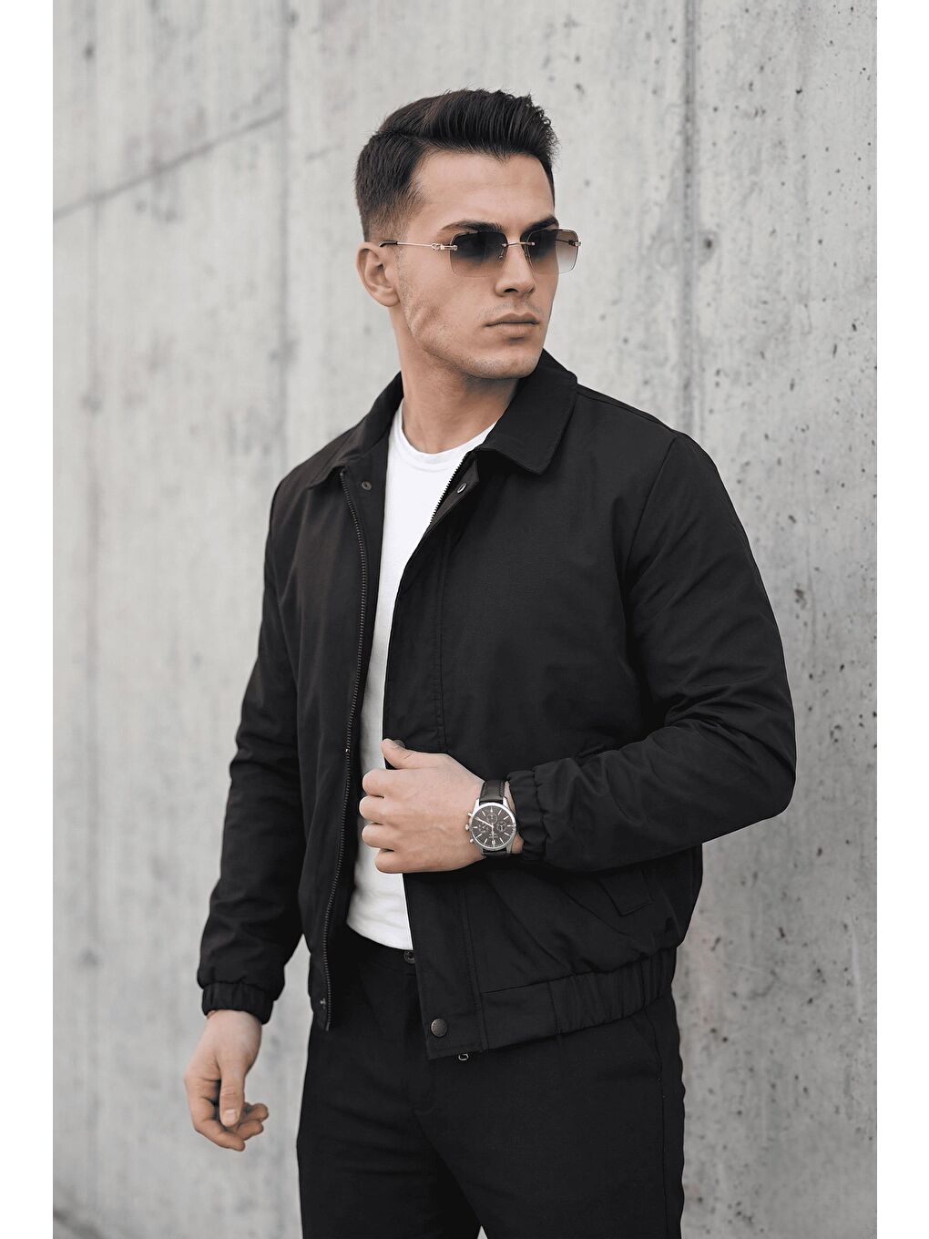 Siyah Muxi Slim Fit Fermuarlı ve Çıtçıt Korumalı Astarlı Suya Dayanıklı Erkek Mevsimlik Bomber Ceket