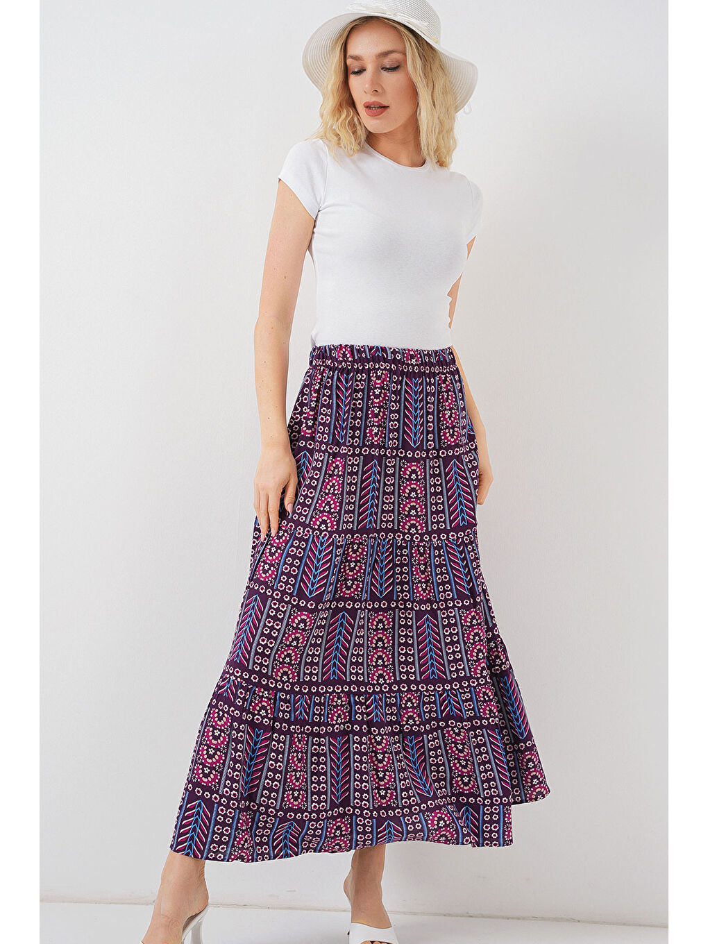 Kadın Desenli Uzun Etek 8053 - Mor